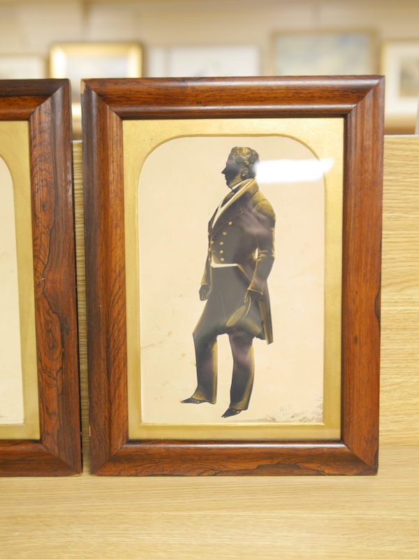 Henry Albert Frith (1819-1871), pair of silhouettes, Full length studies of a lady and gentleman, one signed and dated 1847, each 28 x 18cm, housed in rosewood frames. Condition - fair